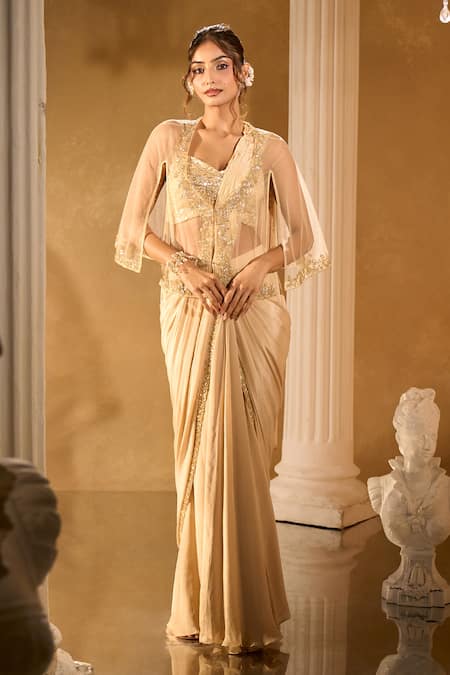 Aariyana Couture Gold Crepe Sequins, Embroidery Sweetheart Neck, Pre-draped Saree With Blouse