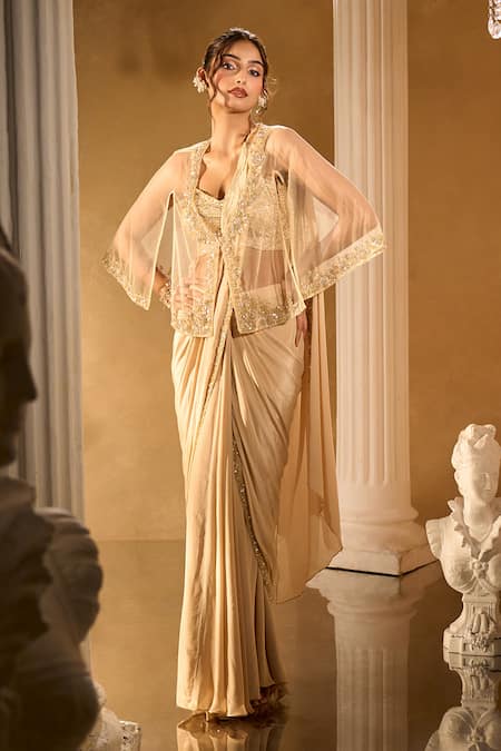 Aariyana Couture Gold Sequined Pre-Draped Saree With Blouse 
