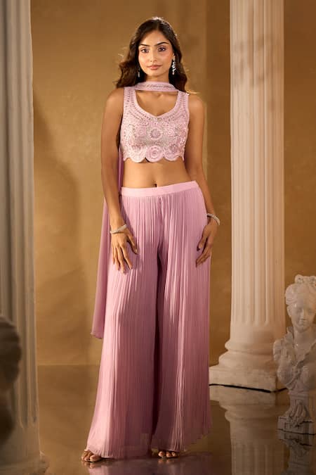 Aariyana Couture Embroidered Crop Blouse & Pleated Palazzo Set 