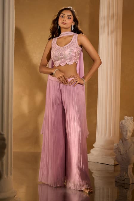 Buy_Aariyana Couture_Purple Silk, Georgette Plunge Neck Embroidered Crop Blouse And Pleated Palazzo Set _Online_at_Aza_Fashions