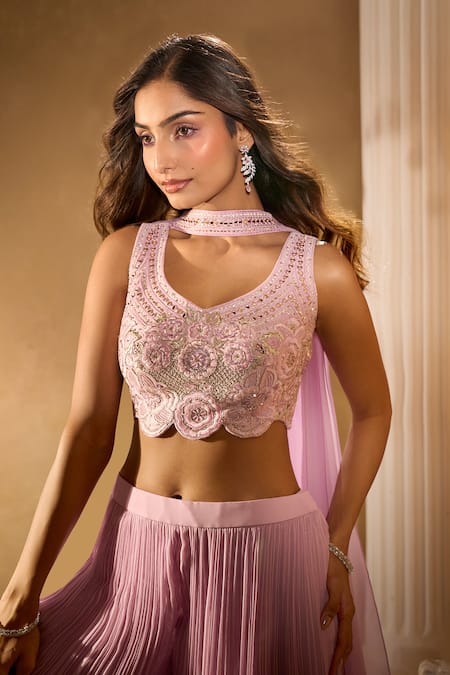 Shop_Aariyana Couture_Purple Silk, Georgette Plunge Neck Embroidered Crop Blouse And Pleated Palazzo Set _Online_at_Aza_Fashions