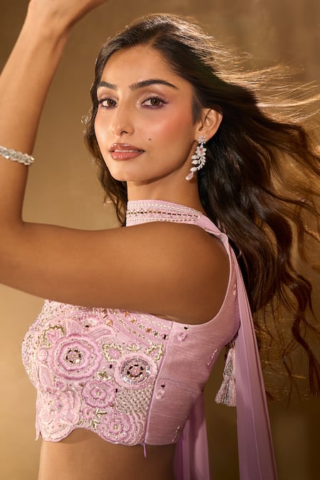 Aariyana Couture_Purple Silk, Georgette Plunge Neck Embroidered Crop Blouse And Pleated Palazzo Set _at_Aza_Fashions