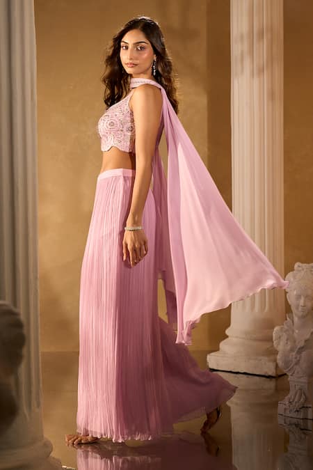 Buy_Aariyana Couture_Purple Silk, Georgette Plunge Neck Embroidered Crop Blouse And Pleated Palazzo Set 