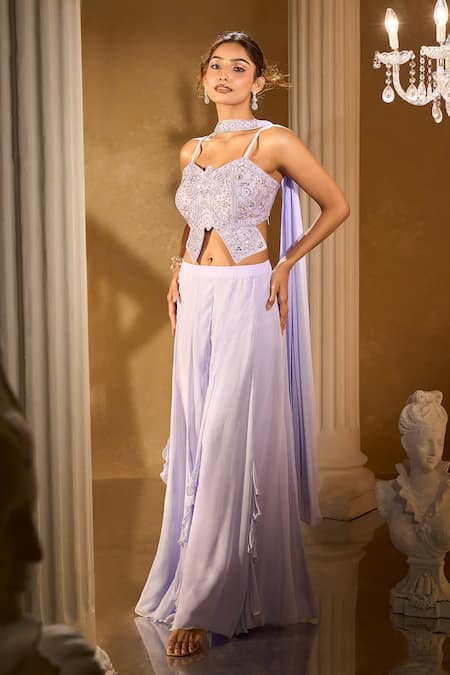 Buy_Aariyana Couture_Blue Silk, Georgette Embroidery Plunge Neck Blouse Palazzo Set _Online_at_Aza_Fashions