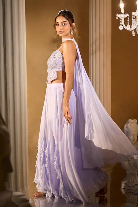 Shop_Aariyana Couture_Blue Silk, Georgette Embroidery Plunge Neck Blouse Palazzo Set _Online_at_Aza_Fashions