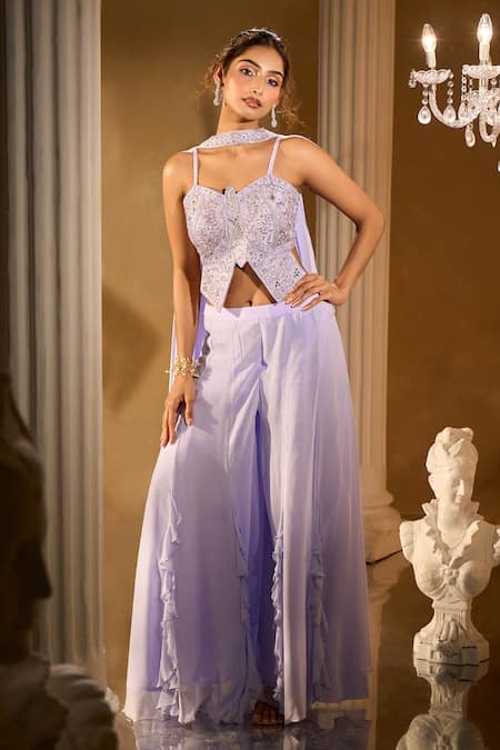 Aariyana Couture_Blue Silk, Georgette Embroidery Plunge Neck Blouse Palazzo Set _at_Aza_Fashions