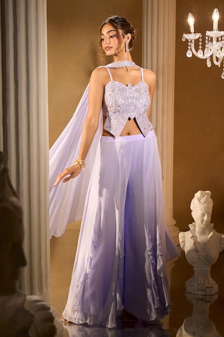 Buy_Aariyana Couture_Blue Silk, Georgette Embroidery Plunge Neck Blouse Palazzo Set 