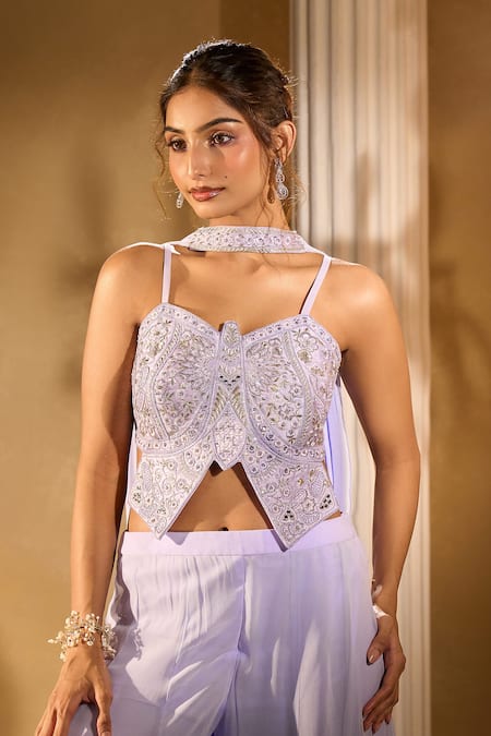 Shop_Aariyana Couture_Blue Silk, Georgette Embroidery Plunge Neck Blouse Palazzo Set 