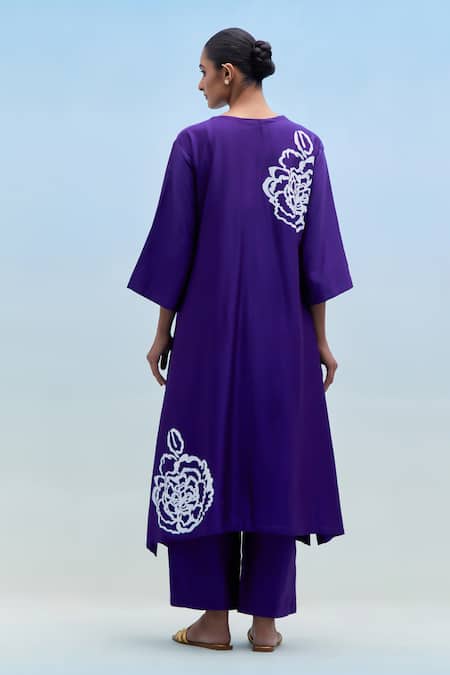 Priya Chaudhary Purple Blockprint Chanderi Kurta Pant Set 