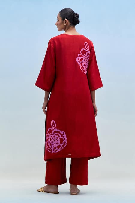 Priya Chaudhary Red Blockprint Chanderi Kurta & Pant Set 