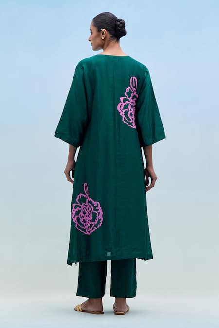 Priya Chaudhary Green Chanderi Block Print Kurta & Pant Set 