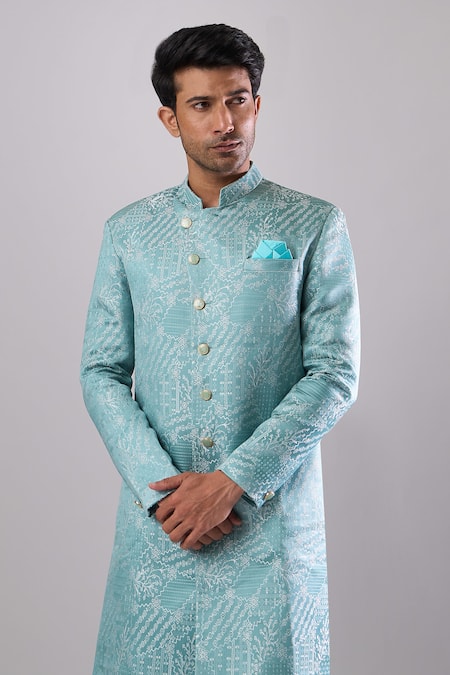 Arihant Rai Sinha Blue Polyester, Viscose Designer Woven Jacquard Sherwani And Pant Set Online at Aza Fashions Arihant Rai Sinha_Blue Polyester, Viscose Designer Woven Jacquard Sherwani And Pant Set _Online_at_Aza_Fashions