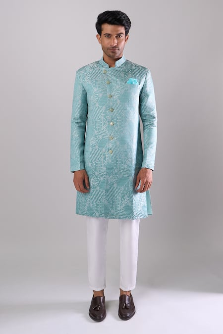 Shop Arihant Rai Sinha Blue Polyester, Viscose Designer Woven Jacquard Sherwani And Pant Set Online at Aza Fashions Shop_Arihant Rai Sinha_Blue Polyester, Viscose Designer Woven Jacquard Sherwani And Pant Set _Online_at_Aza_Fashions