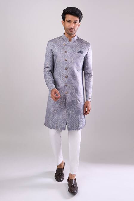 Arihant Rai Sinha Gray Polyester, Viscose Designer Woven Jacquard Sherwani And Pant Set Online at Aza Fashions Arihant Rai Sinha_Gray Polyester, Viscose Designer Woven Jacquard Sherwani And Pant Set _Online_at_Aza_Fashions