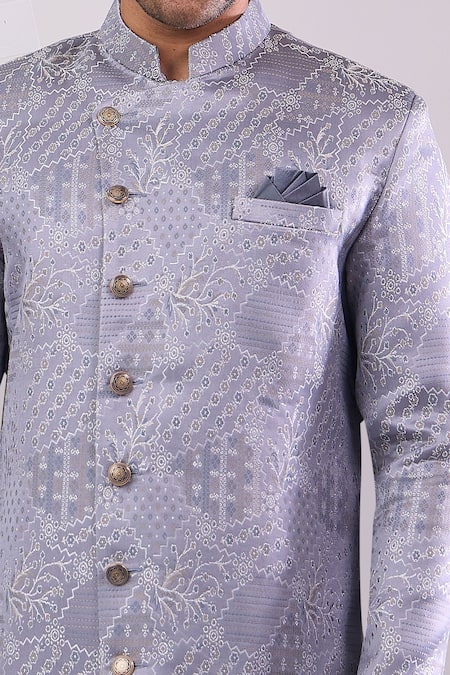 Arihant Rai Sinha Gray Polyester, Viscose Designer Woven Jacquard Sherwani And Pant Set at Aza Fashions Arihant Rai Sinha_Gray Polyester, Viscose Designer Woven Jacquard Sherwani And Pant Set _at_Aza_Fashions