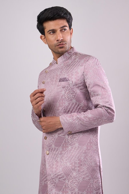 Arihant Rai Sinha Pink Polyester, Viscose Woven Jacquard Sherwani And White Pant Set Online at Aza Fashions Arihant Rai Sinha_Pink Polyester, Viscose Woven Jacquard Sherwani And White Pant Set _Online_at_Aza_Fashions