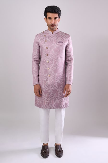 Shop Arihant Rai Sinha Pink Polyester, Viscose Woven Jacquard Sherwani And White Pant Set Online at Aza Fashions Shop_Arihant Rai Sinha_Pink Polyester, Viscose Woven Jacquard Sherwani And White Pant Set _Online_at_Aza_Fashions