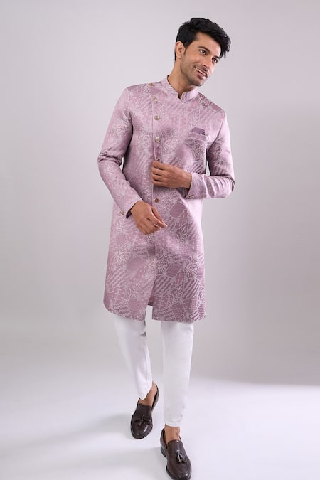 Arihant Rai Sinha Pink Polyester, Viscose Woven Jacquard Sherwani And White Pant Set at Aza Fashions Arihant Rai Sinha_Pink Polyester, Viscose Woven Jacquard Sherwani And White Pant Set _at_Aza_Fashions