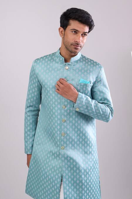 Arihant Rai Sinha_Green Polyester, Viscose Designer Woven Jacquard Sherwani Set _Online_at_Aza_Fashions