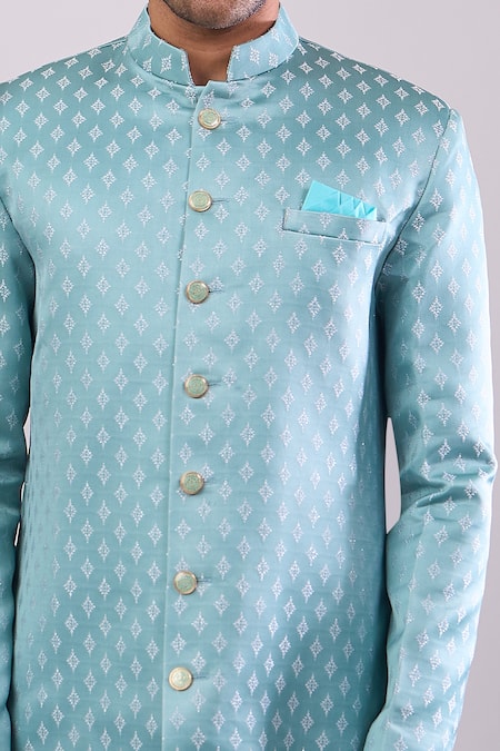 Buy_Arihant Rai Sinha_Green Polyester, Viscose Designer Woven Jacquard Sherwani Set _Online_at_Aza_Fashions
