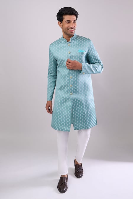 Arihant Rai Sinha_Green Polyester, Viscose Designer Woven Jacquard Sherwani Set _at_Aza_Fashions