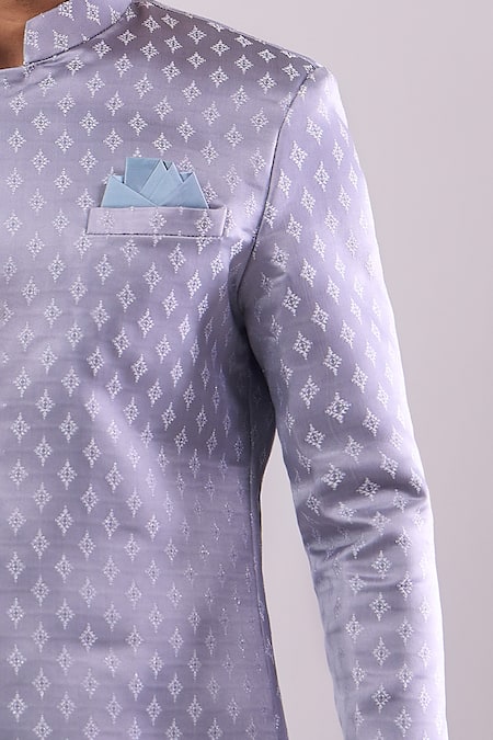 Arihant Rai Sinha_Gray Polyester, Viscose Grey Woven Jacquard Sherwani And White Pant _Online_at_Aza_Fashions