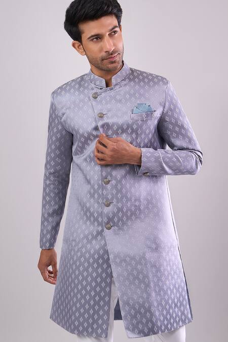 Buy_Arihant Rai Sinha_Gray Polyester, Viscose Grey Woven Jacquard Sherwani And White Pant _Online_at_Aza_Fashions