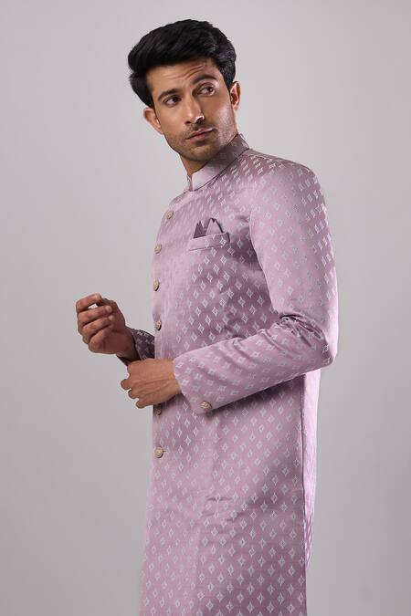 Shop Arihant Rai Sinha Pink Woven Jacquard Sherwani And White Pant Online at Aza Fashions Shop_Arihant Rai Sinha_Pink Woven Jacquard Sherwani And White Pant _Online_at_Aza_Fashions