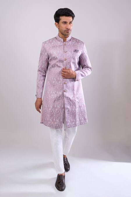 Shop_Arihant Rai Sinha_Pink Polyester, Viscose Woven Jacquard Sherwani And White Pant _Online_at_Aza_Fashions
