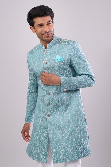 Buy_Arihant Rai Sinha_Green Polyester, Viscose Woven Jacquard Sherwani And Pant Set _Online_at_Aza_Fashions
