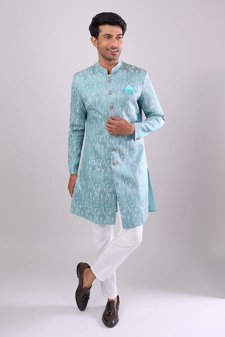 Shop_Arihant Rai Sinha_Green Polyester, Viscose Woven Jacquard Sherwani And Pant Set _Online_at_Aza_Fashions