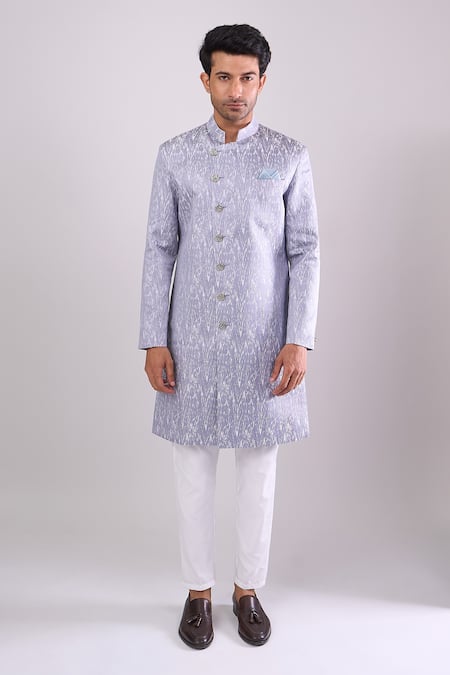 Arihant Rai Sinha_Gray Polyester, Viscose Grey Woven Jacquard Sherwani And White Pant _Online_at_Aza_Fashions