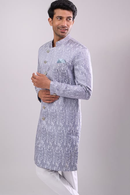 Shop_Arihant Rai Sinha_Gray Polyester, Viscose Grey Woven Jacquard Sherwani And White Pant _Online_at_Aza_Fashions