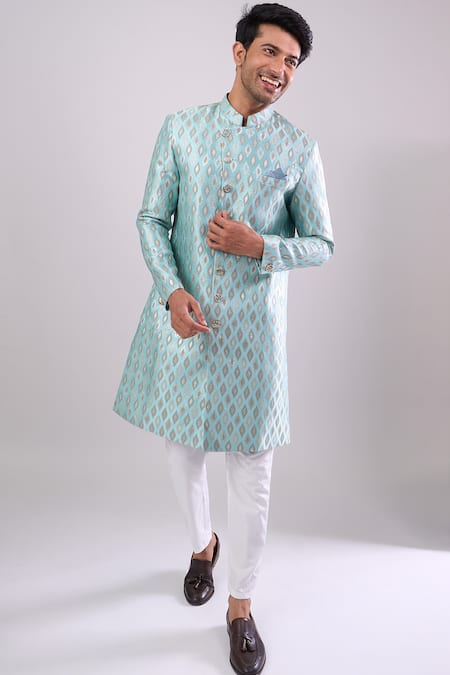 Shop Arihant Rai Sinha Green Designer Woven Jacquard Sherwani And Pant Set Online at Aza Fashions Shop_Arihant Rai Sinha_Green Designer Woven Jacquard Sherwani And Pant Set _Online_at_Aza_Fashions