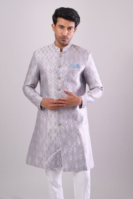 Arihant Rai Sinha_Gray Polyester, Viscose Grey Woven Jacquard Sherwani And White Pant Set _Online_at_Aza_Fashions