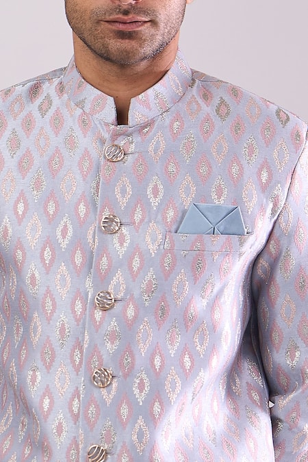 Buy_Arihant Rai Sinha_Gray Polyester, Viscose Grey Woven Jacquard Sherwani And White Pant Set _Online_at_Aza_Fashions