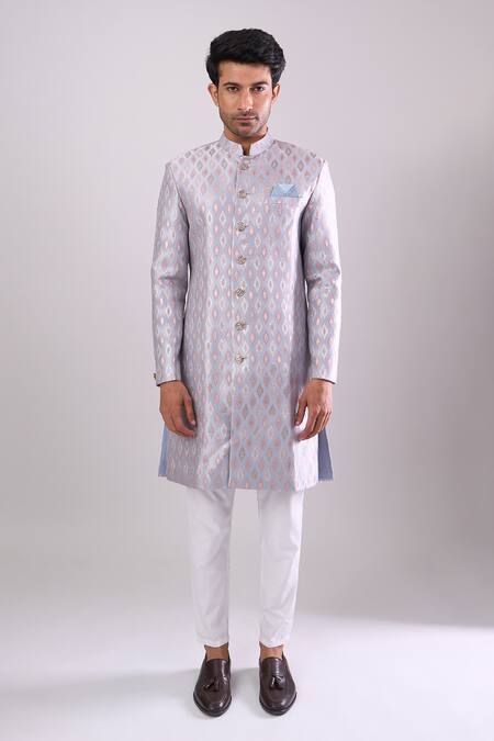 Arihant Rai Sinha_Gray Polyester, Viscose Grey Woven Jacquard Sherwani And White Pant Set _at_Aza_Fashions