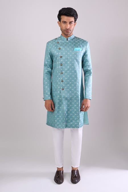Buy_Arihant Rai Sinha_Green Jacquard, Polyester, Viscose Woven Sherwani And White Pant _Online_at_Aza_Fashions