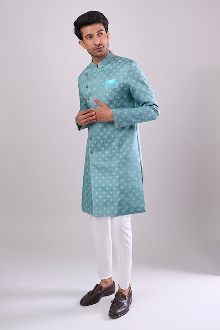 Shop_Arihant Rai Sinha_Green Jacquard, Polyester, Viscose Woven Sherwani And White Pant _Online_at_Aza_Fashions