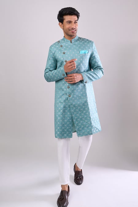 Arihant Rai Sinha_Green Jacquard, Polyester, Viscose Woven Sherwani And White Pant _at_Aza_Fashions