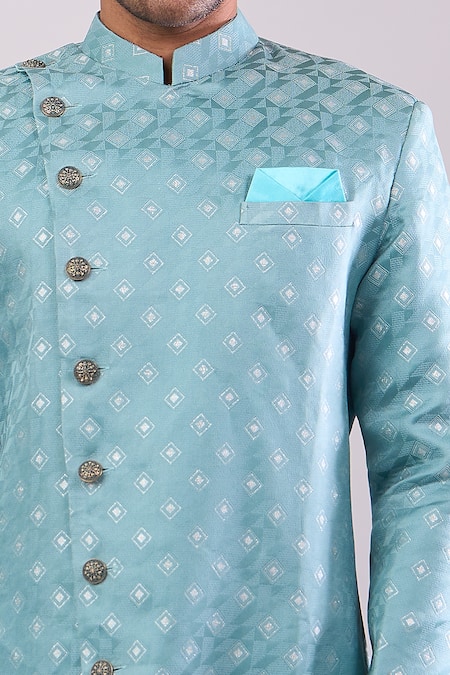 Shop_Arihant Rai Sinha_Green Jacquard, Polyester, Viscose Woven Sherwani And White Pant 