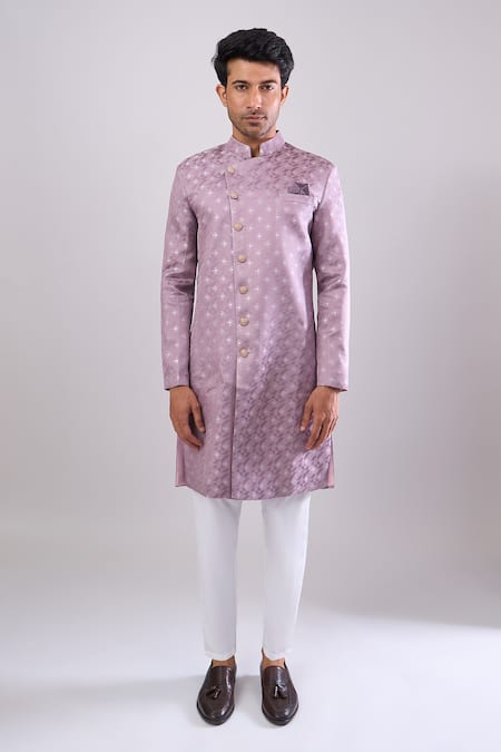 Arihant Rai Sinha_Pink Polyester, Viscose Woven Jacquard Sherwani And White Pant Set _Online_at_Aza_Fashions