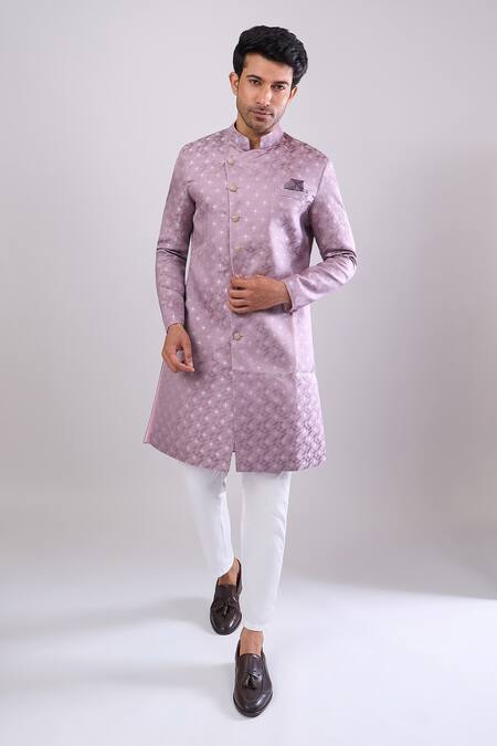 Buy_Arihant Rai Sinha_Pink Polyester, Viscose Woven Jacquard Sherwani And White Pant Set _Online_at_Aza_Fashions