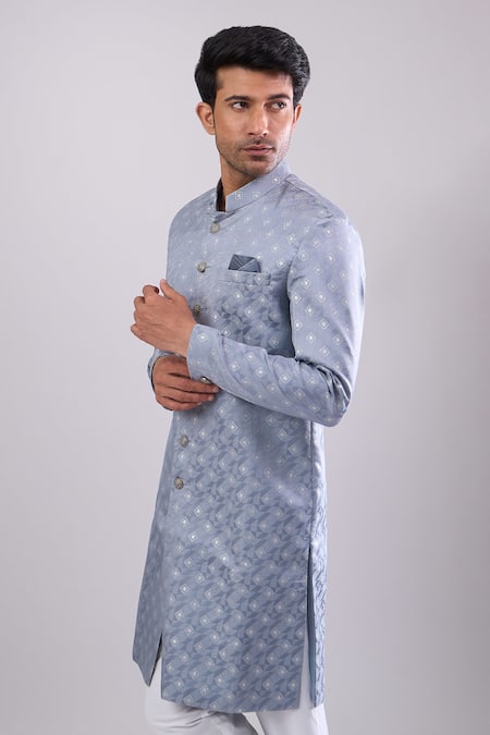 Arihant Rai Sinha_Gray Polyester, Viscose Grey Woven Jacquard Sherwani And White Pant _Online_at_Aza_Fashions