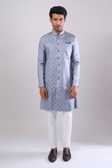 Buy_Arihant Rai Sinha_Gray Polyester, Viscose Grey Woven Jacquard Sherwani And White Pant _Online_at_Aza_Fashions