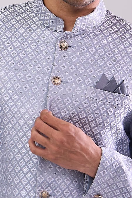 Arihant Rai Sinha_Gray Grey Woven Jacquard Sherwani And White Pant _Online_at_Aza_Fashions