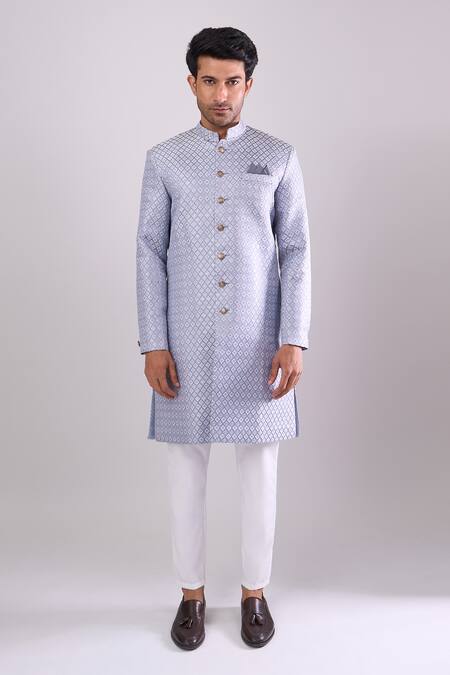 Buy_Arihant Rai Sinha_Gray Grey Woven Jacquard Sherwani And White Pant _Online_at_Aza_Fashions
