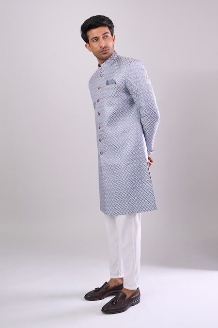 Arihant Rai Sinha_Gray Grey Woven Jacquard Sherwani And White Pant _at_Aza_Fashions
