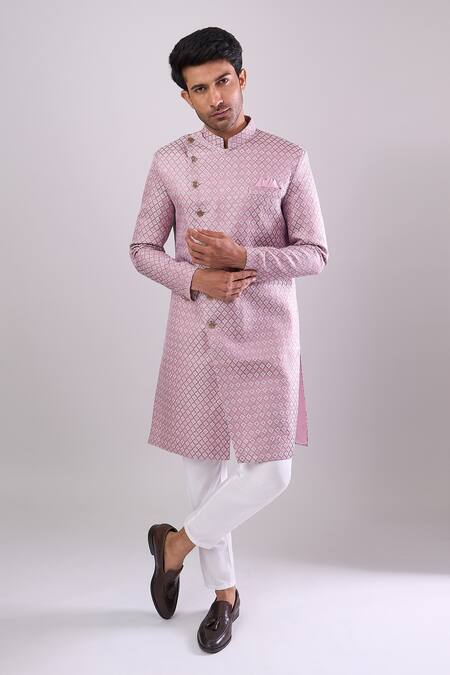 Shop Arihant Rai Sinha Pink Polyester, Viscose Woven Jacquard Sherwani And White Pant Set Online at Aza Fashions Shop_Arihant Rai Sinha_Pink Polyester, Viscose Woven Jacquard Sherwani And White Pant Set _Online_at_Aza_Fashions