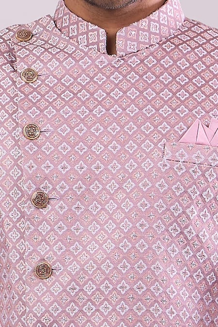 Arihant Rai Sinha Pink Polyester, Viscose Woven Jacquard Sherwani And White Pant Set at Aza Fashions Arihant Rai Sinha_Pink Polyester, Viscose Woven Jacquard Sherwani And White Pant Set _at_Aza_Fashions
